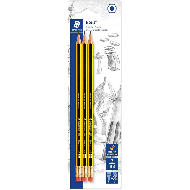 Staedtler Noris 122 Pack de 3 Lapices de Grafito Hexagonales 2HB con Goma - Resistencia a la Rotura - Madera de Bosques Sosteni