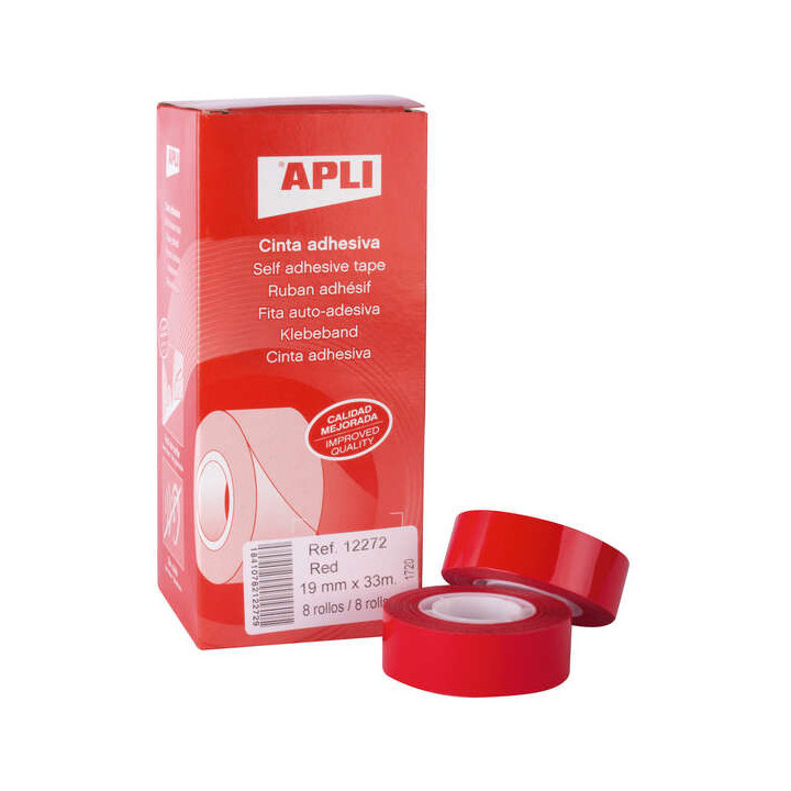 Apli Cinta Adhesiva Roja 19mm x 33m - Resistente al Desgarro - Facil de Cortar - Ideal para Manualidades y Embalaje - Rojo