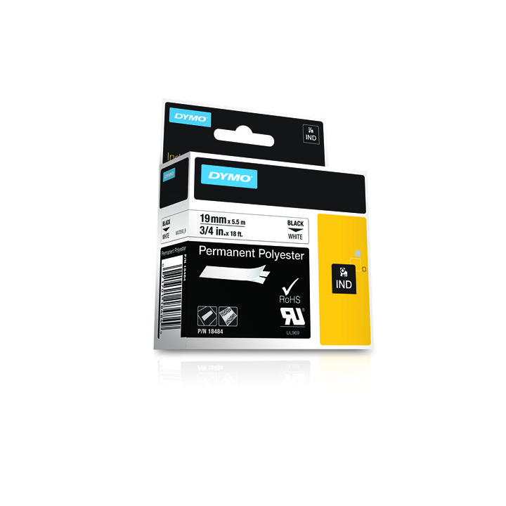Cinta rotuladora rhinopro poliester 19mmx5.5m negro/blanco dymo 18484