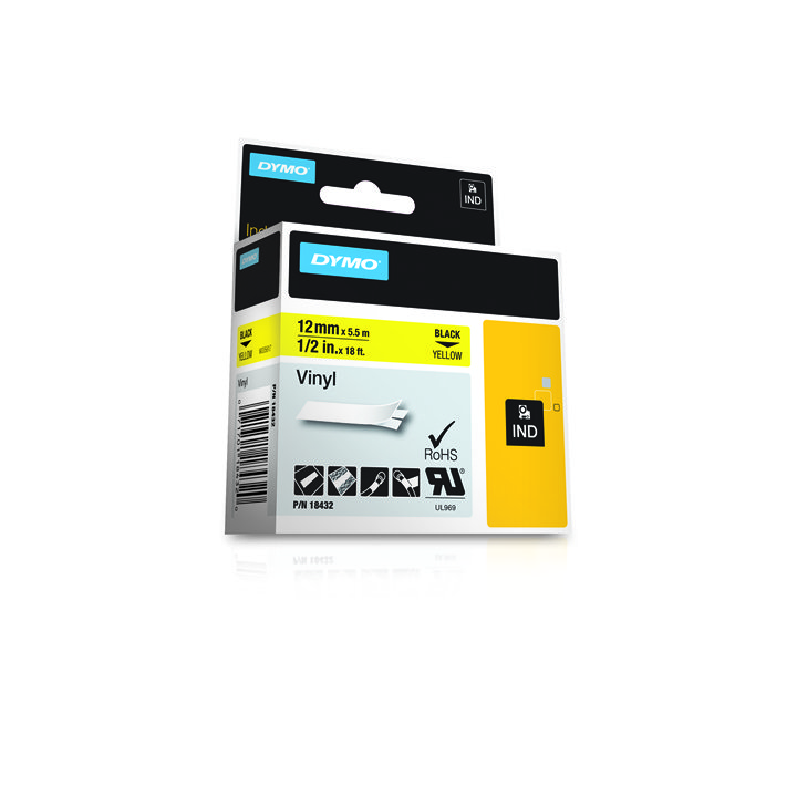 Cinta rotuladora rhinopro vinilo 12mmx5.5m negro/amarillo dymo 18432