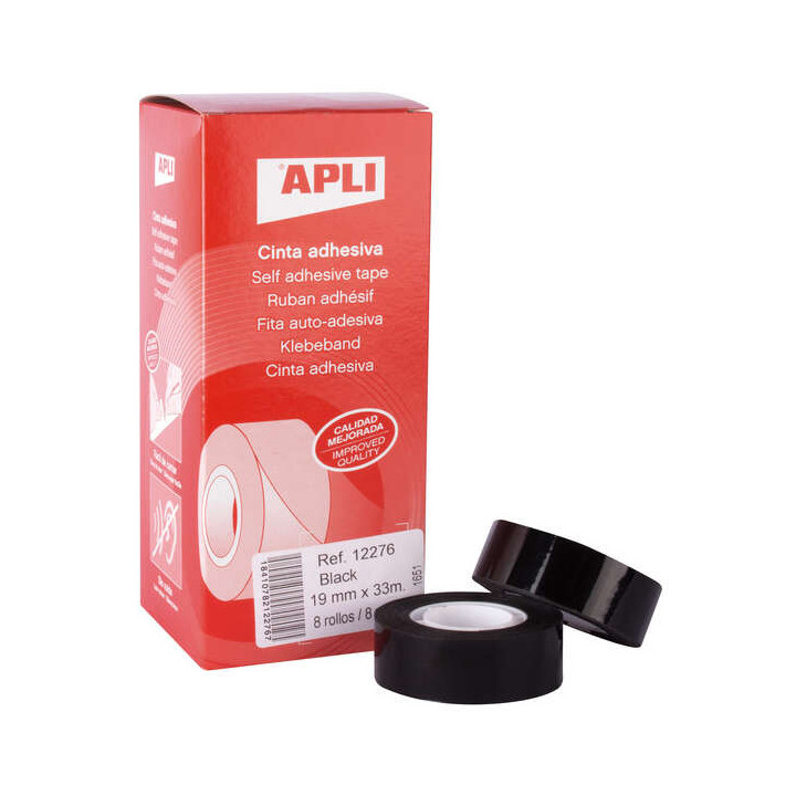 Apli Cinta Adhesiva Negra 19mm x 33m - Resistente al Agua y a la Intemperie - Facil de Cortar con las Manos - Ideal para Uso en