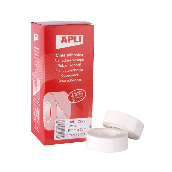 Apli Cinta Adhesiva Blanca 19mm x 33m - Resistente al Desgarro - Facil de Cortar - Adhesion Fuerte Blanco