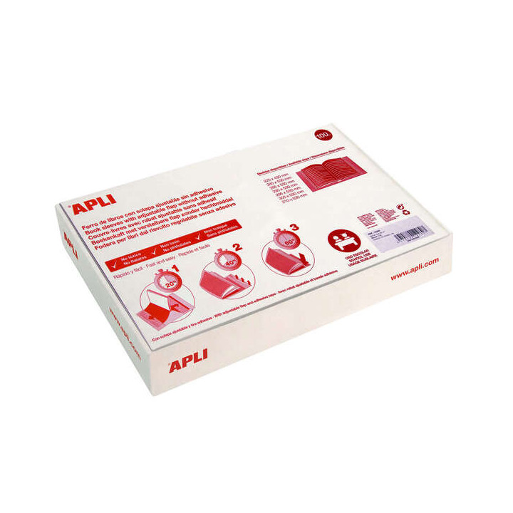 Apli Caja de 100 Forros para Libros 290mm PVC 130 micras - Solapa Autoajustable - Facil Forrado en 3 Pasos - Transparente
