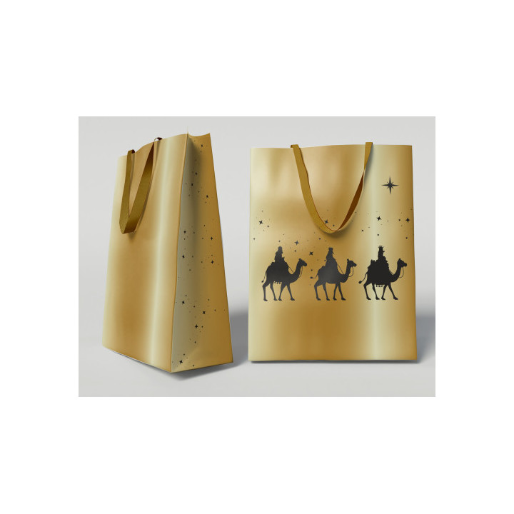 Bolsa dorada papel reyes magos s (24x10x32 cm) con tarjeta colgante bismark 333673