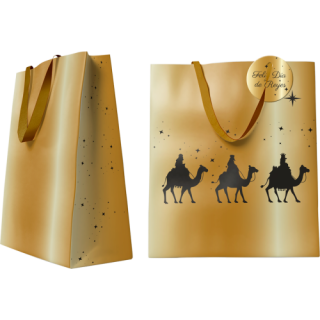Bolsa dorada papel reyes magos m (26x12x37 cm) con tarjeta colgante bismark 333672