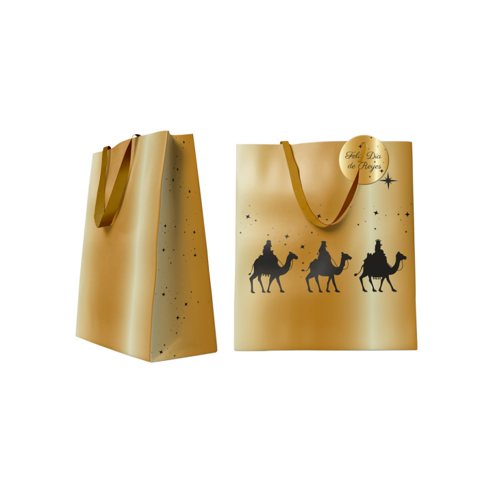 Bolsa dorada papel reyes magos m (26x12x37 cm) con tarjeta colgante bismark 333672