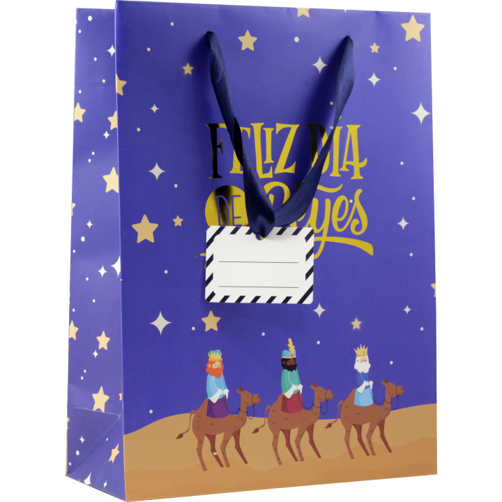Bolsa papel reyes magos s (24x10x32 cm) foil con tarjeta colgante colores surtidos bismark 333601