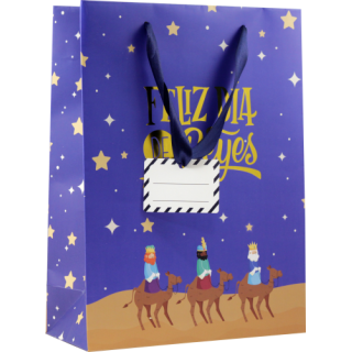 Bolsa papel reyes magos l (32x14x40 cm) foil con tarjeta colgante colores surtidos bismark 333599