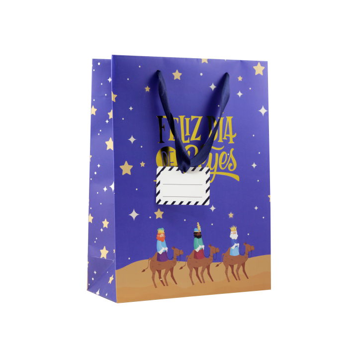 Bolsa papel reyes magos l (32x14x40 cm) foil con tarjeta colgante colores surtidos bismark 333599