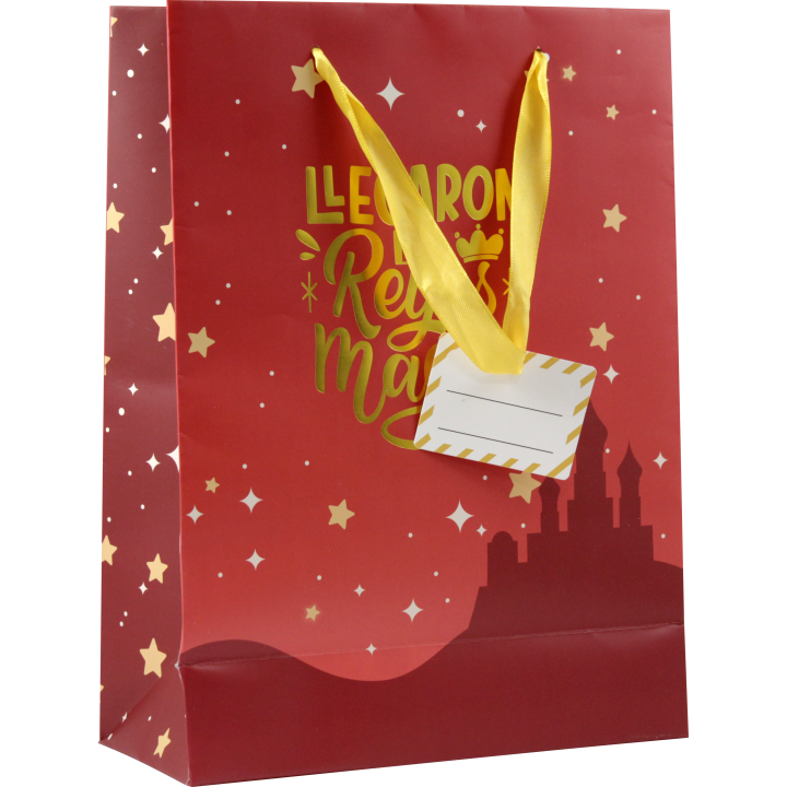 Bolsa papel reyes magos l (32x14x40 cm) foil con tarjeta colgante colores surtidos bismark 333599