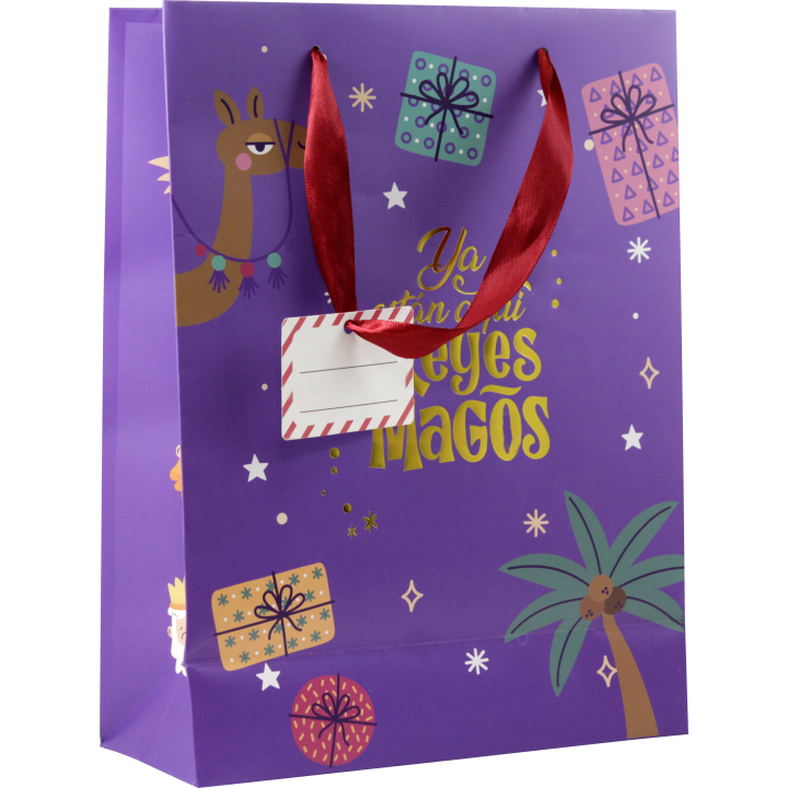 Bolsa papel reyes magos l (32x14x40 cm) foil con tarjeta colgante colores surtidos bismark 333599