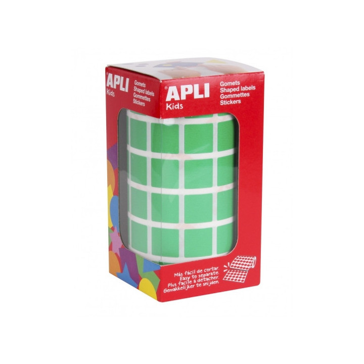 Apli Rollo de 2.832 Gomets Cuadrados 15 x 15mm - Adhesivo Permanente Base Agua - Libre de Disolventes - Color Verde