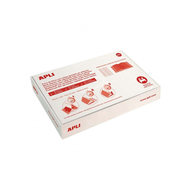 Apli Caja de 100 Forros para Libros 220mm PVC 130 micras - Solapa Autoajustable - Facil Forrado en 3 Pasos - Transparente