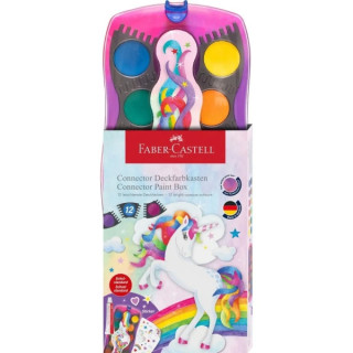 Faber-Castell Connector Unicornio Pack de 12 Acuarelas en Pastilla + Pintura Blanca Opaca + Pegatinas - Gran Opacidad - Facilme