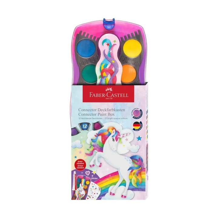 Faber-Castell Connector Unicornio Pack de 12 Acuarelas en Pastilla + Pintura Blanca Opaca + Pegatinas - Gran Opacidad - Facilme