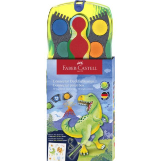 Faber-Castell Connector Dinosaurio Pack de 12 Acuarelas en Pastilla + Pintura Blanca Opaca + Pegatinas - Gran Opacidad - Facilm
