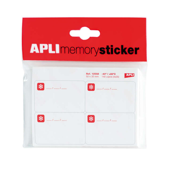 Apli Memory Sticker Pack de 140 Etiquetas Especial para Congelar 50x30mm - 35 Hojas x 4 Etiquetas - Cantos Romos - Adhesivo Rem