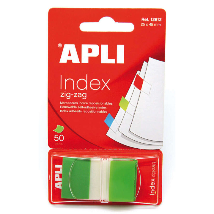 Apli Indices Adhesivos Film Zigzag 45x25mm - Dispensador de 50 Indices - Adhesivo de Calidad - Facil de Despegar - Diseño Zigz