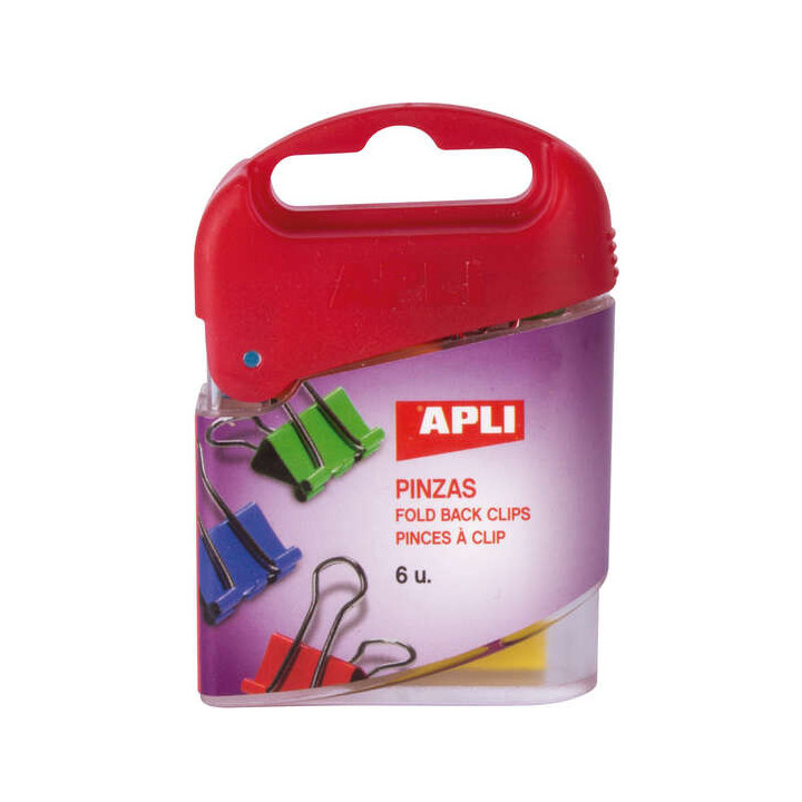Apli Pack de 6 Pinzas Abatibles 19mm - Acero Templado - Asas Niqueladas - Sujecion hasta 50 Hojas - Colores Surtidos