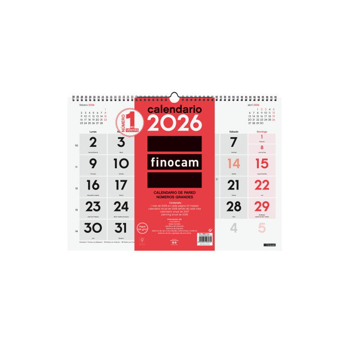 Calendario 2026 neutro pared numeros grandes l 430x310mm finocam 780010026