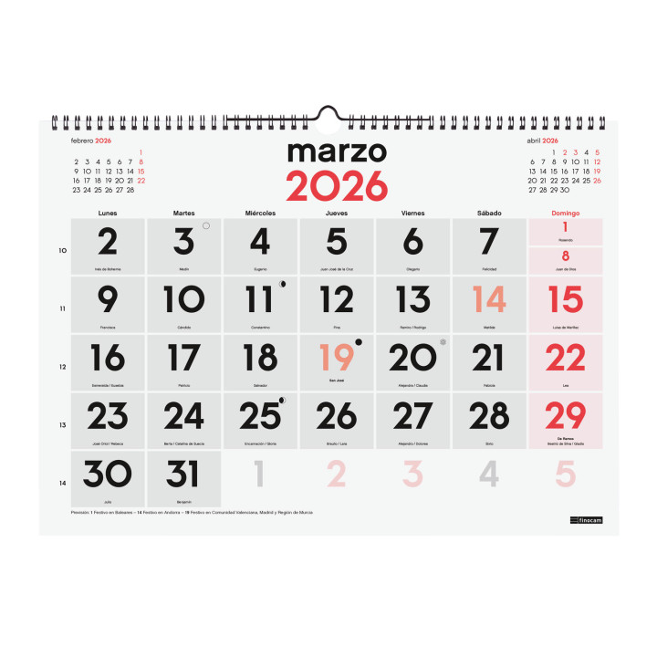 Calendario 2026 neutro pared numeros grandes l 430x310mm finocam 780010026