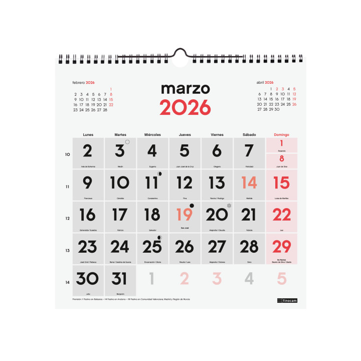 Calendario 2026 neutro pared numeros grandes 300x300mm finocam 780570026