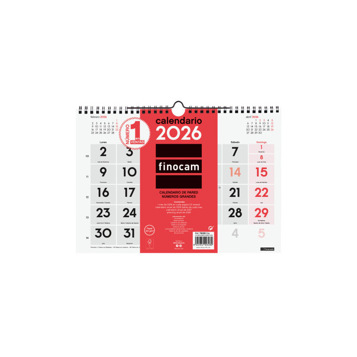 Calendario 2026 neutro pared numeros grandes m 300x210mm finocam 780000026