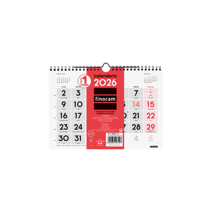 Calendario 2026 neutro pared numeros grandes s 210x150mm finocam 780200026