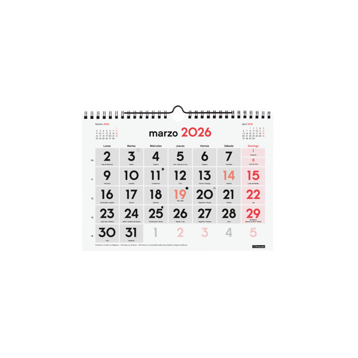 Calendario 2026 neutro pared numeros grandes s 210x150mm finocam 780200026