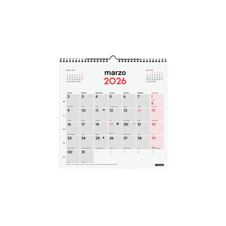 Calendario 2026 neutro pared escribir 300x300mm finocam 781520026