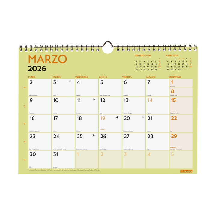 Calendario 2026 neutro pared escribir grafik a4 210x297mm finocam 787220126