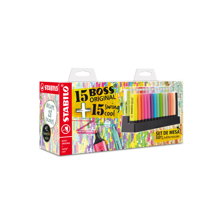 Expositor de mesa 30 marcadores (15 boss + 15 swing cool) stabilo e87-3710