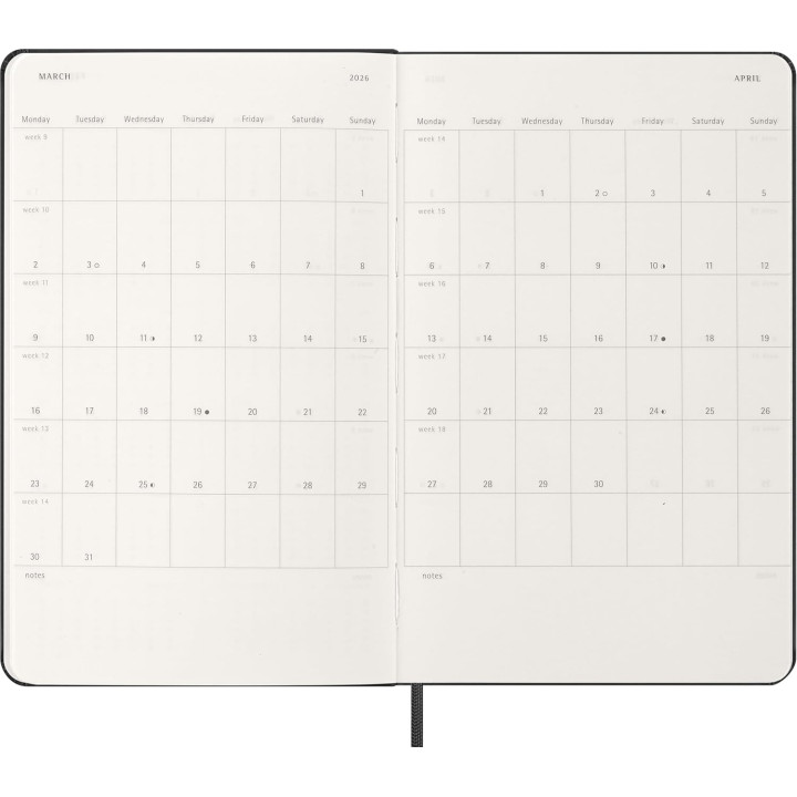 Agenda 2026 tapa dura 12 meses semanal horizontal l (13 x 21 cm) negra moleskine dhb12wh3y26