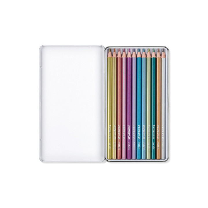 Estuche metalico con 12 lapices de colores metalicos design journey 146m m12