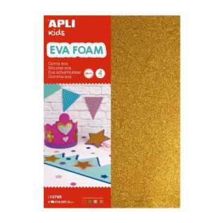Apli Pack de 4 Planchas de Goma Eva Purpurina A4 - Grosor 2 mm - Impremeable - Moldeable al Calor - Colores Oro