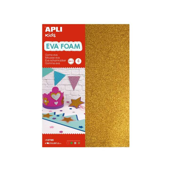 Apli Pack de 4 Planchas de Goma Eva Purpurina A4 - Grosor 2 mm - Impremeable - Moldeable al Calor - Colores Oro