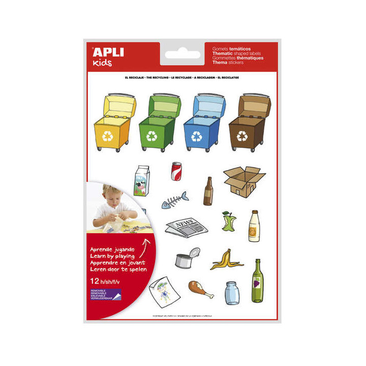Apli Pack de 276 Gomets con Tematica El Reciclaje - Adhesivo Removible - Ilustraciones Divertidas - Ideal para Escuelas - 100%