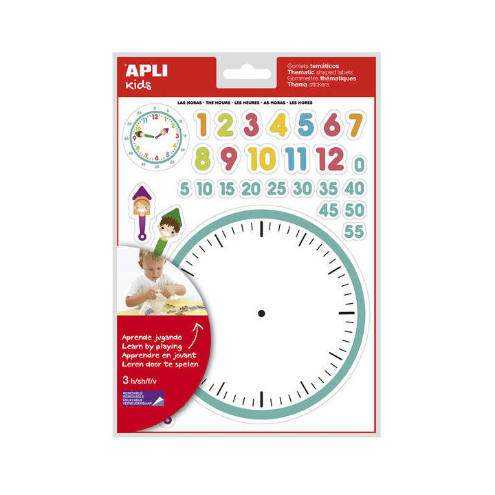 Apli Gomets Tematicos las Horas - 90 Gomets en 3 Hojas - Ayuda en el Aprendizaje de las Horas y Habilidades Motoras - Adhesivo