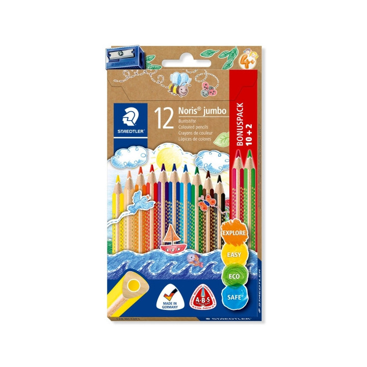 Staedtler Jumbo Noris 128 Pack de 12 Lapices Triangulares de Colores - Diseño Ergonomico - Colores Surtidos