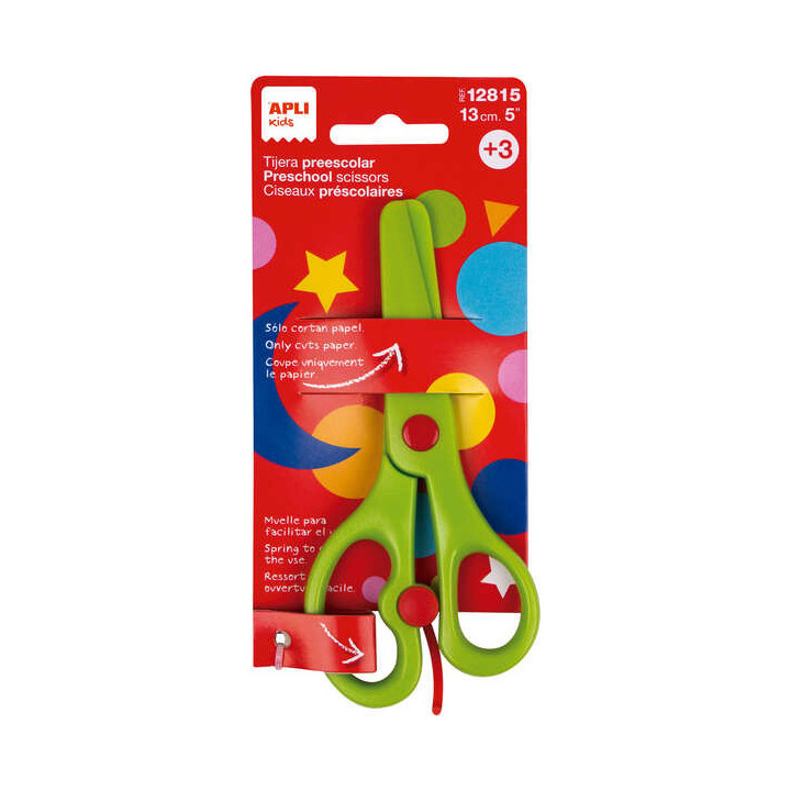 Apli Kids Tijera Preescolar Ergonomica 13cm - Muelle para Apertura Facil - Hojas de Plastico - Punta Redondeada - Ideal para Ni