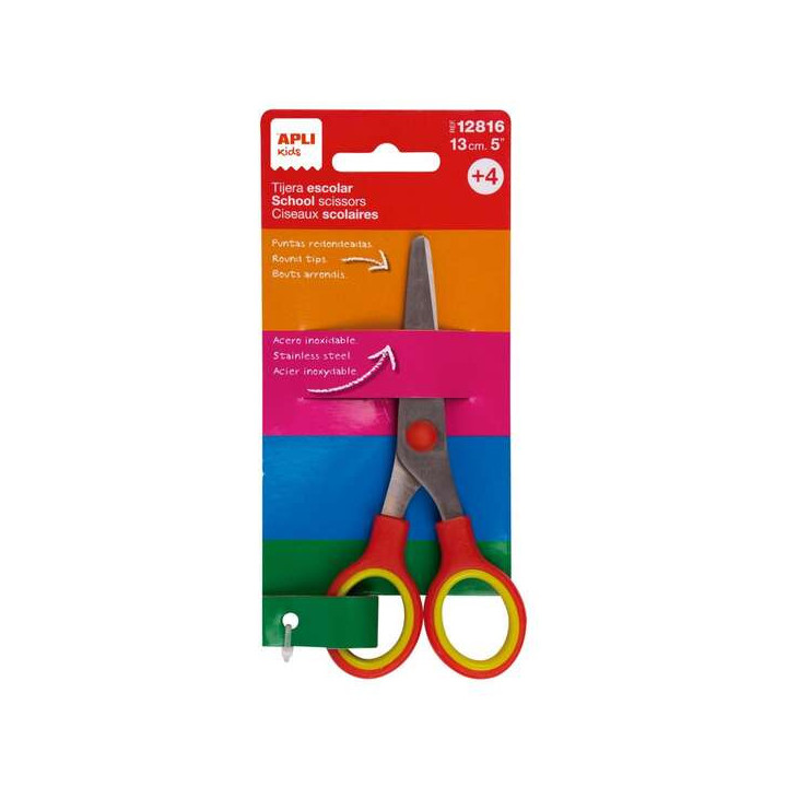 Apli Tijera Escolar 13 cm - Punta Redondeada - Ergonomica - Uso Ambidiestro - Color Rojo