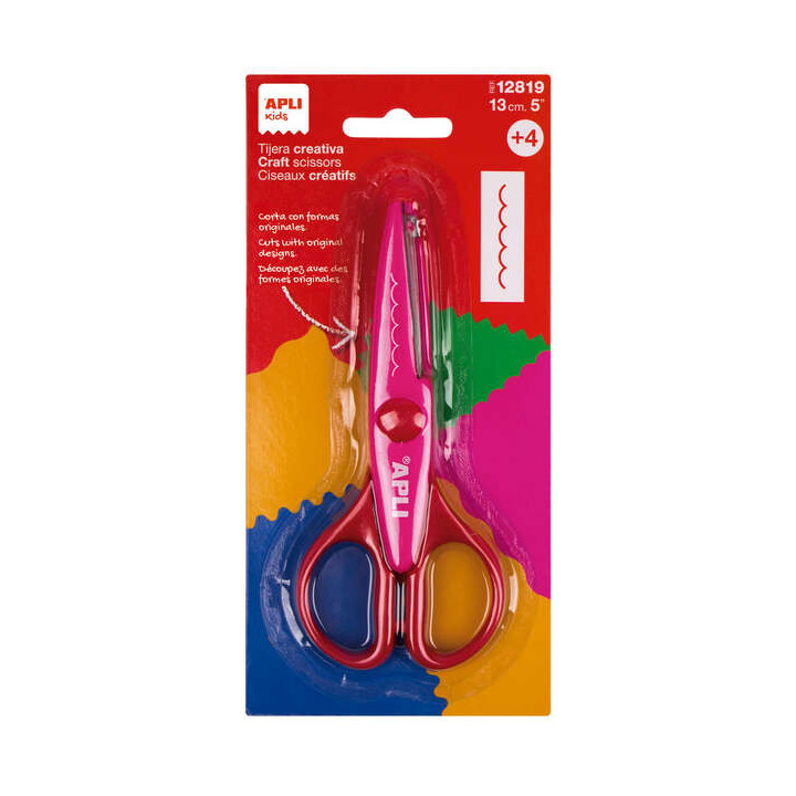 Apli Tijera Creativa Dentada de 13cm - Punta Redondeada - Ergonomica para Ambidiestros - Corta Todo Tipo de Material - Color Ro