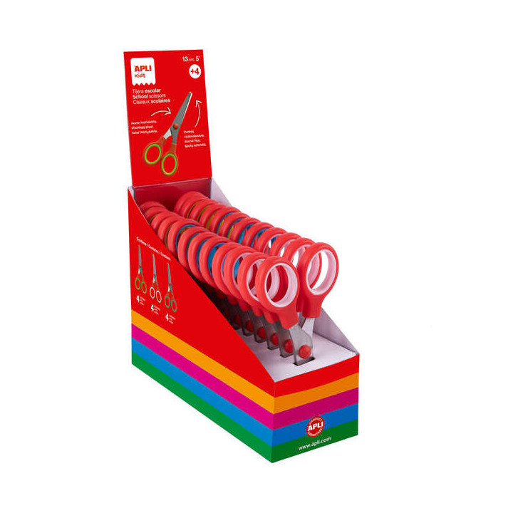 Apli Kids Expositor de 12 Tijeras Escolares 13cm - Punta Redondeada - Aros Simetricos de Plastico - Uso Ambidiestro - Colores S