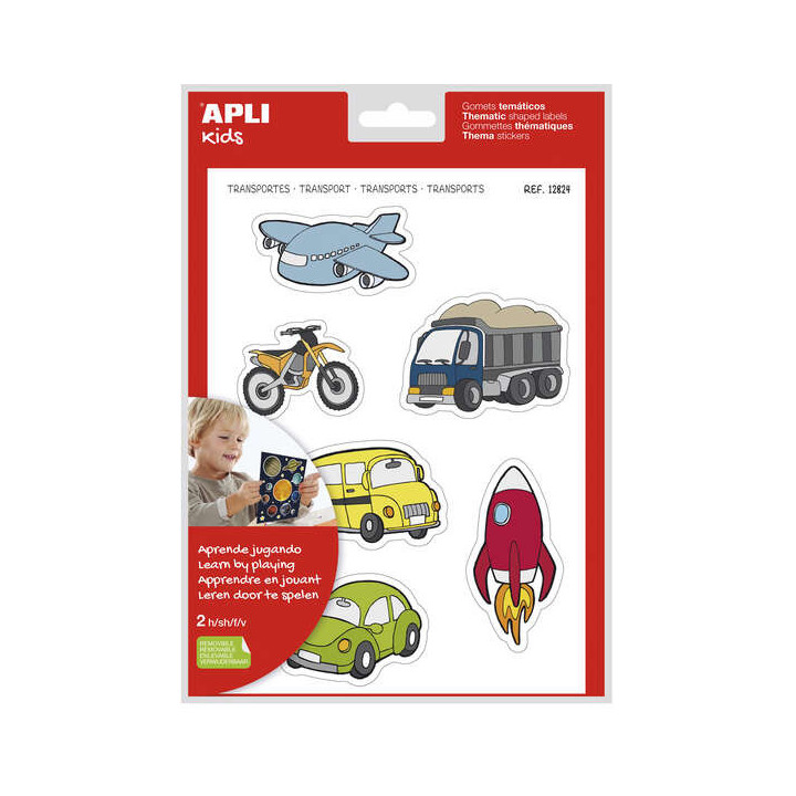 Apli Gomets Tematicos Transportes xL - 24 Gomets en 2 Hojas A4 - Ilustraciones de Medios de Transporte - Adhesivo Removible - T