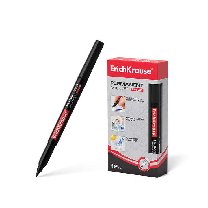 Erichkrause P-100 Marcador Permanente - Punta Fina - Trazo de 0.5 a 1.2mm - Resistente al Agua y a los Rayos UV - Color Negro