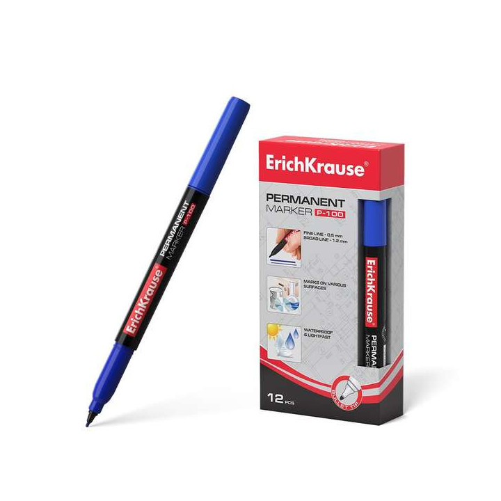 Erichkrause P-100 Marcador Permanente - Punta Fina - Trazo de 0.5 a 1.2mm - Resistente al Agua y a los Rayos UV - Color Azul