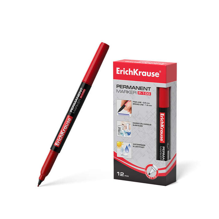 Erichkrause P-100 Marcador Permanente - Punta Fina - Trazo de 0.5 a 1.2mm - Resistente al Agua y a los Rayos UV - Color Rojo