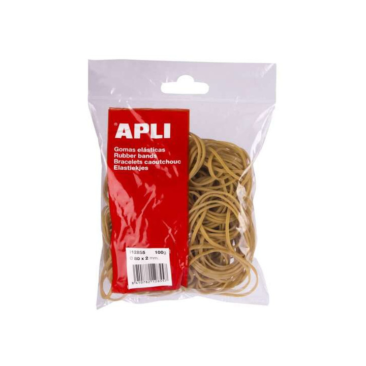 Apli Bolsa de Gomas Elasticas Ø 80x2mm 100grs - Gran Elasticidad y Excelente Resistencia - 70% de Caucho Natural