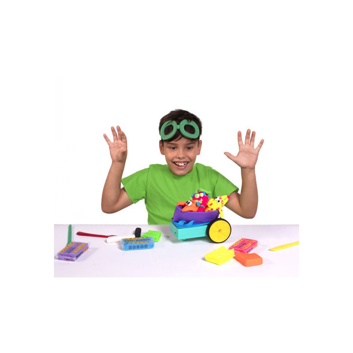 Jovitech crazy cars monsters kit: set con 8 pastillas de plastilina colores neón de 50g , 2 barritas de 15g,  3 modeladores,...