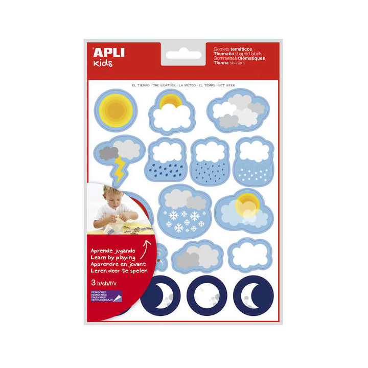 Apli Bolsa de Gomets Tematicos el Tiempo - 51 Gomets en 3 Hojas - Adhesivo Removible - Desarrollados con Educadores - Adhesivo
